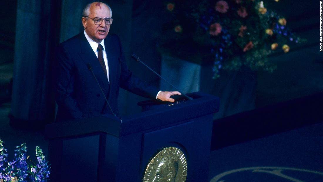 Gorbachev gives a speech after receiving the Nobel Peace Prize in June 1991. He was awarded &quot;for his leading role in the peace process which today characterizes important parts of the international community.&quot;