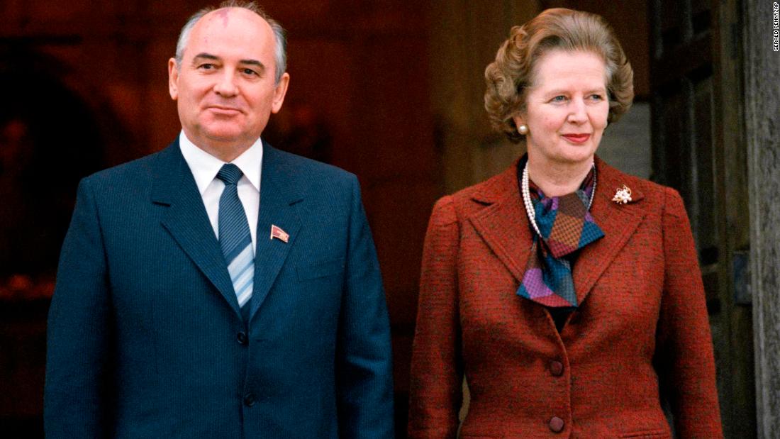 Gorbachev and British Prime Minister Margaret Thatcher pose for a picture in London as they meet in December 1984. Thatcher once called him &quot;a man one can do business with.&quot;