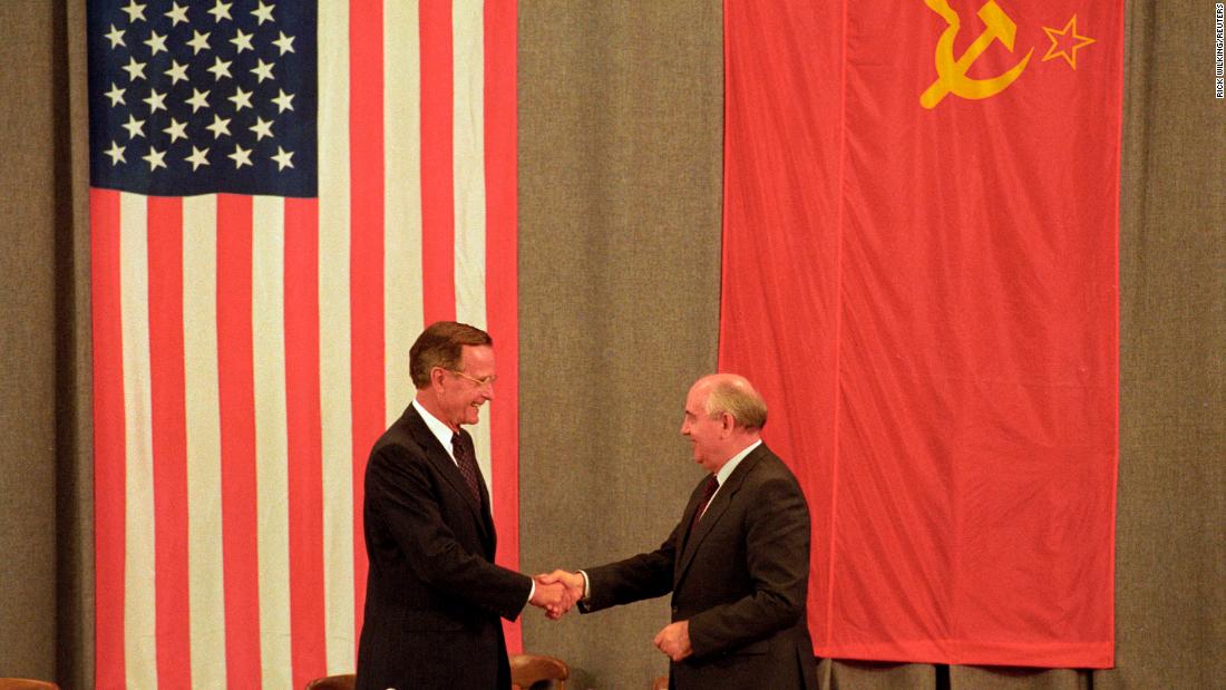 Gorbachev shakes hands with Bush, then president, in Moscow in July 1991.