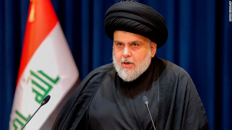 Iraqi Shiite cleric Muqtada al-Sadr makes a speech from his house in Najaf, Iraq, on Tuesday. 