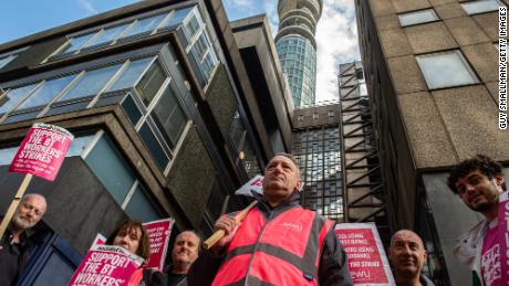 BT workers on strike over pay on August 30 in London, England.
