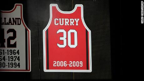 Curry&#39;s number and jersey hang at Davidson College after his number was retired.