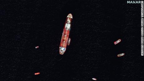 Satellite imagery shows the damaged and partially submerged OS 35 cargo ship off the coast of Gibraltar. 