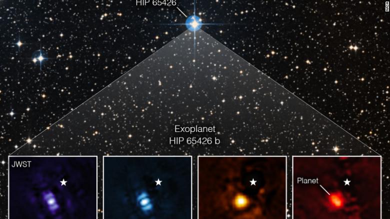 Webb&#39;s first direct image of an exoplanet showcases it in different bands of infrared light. The planet, called HIP 65426 b, is a gas giant.