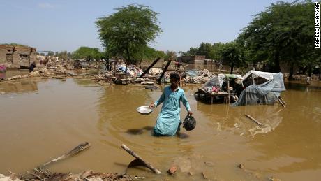 A man searches for salvageable items from his flooded home in Shikarpur district, Sindh Province, Pakistan, Thursday.