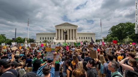 People protest in front of the U.S. Supreme Court after the overturning of the landmark 50-year-old Roe v. Wade case.