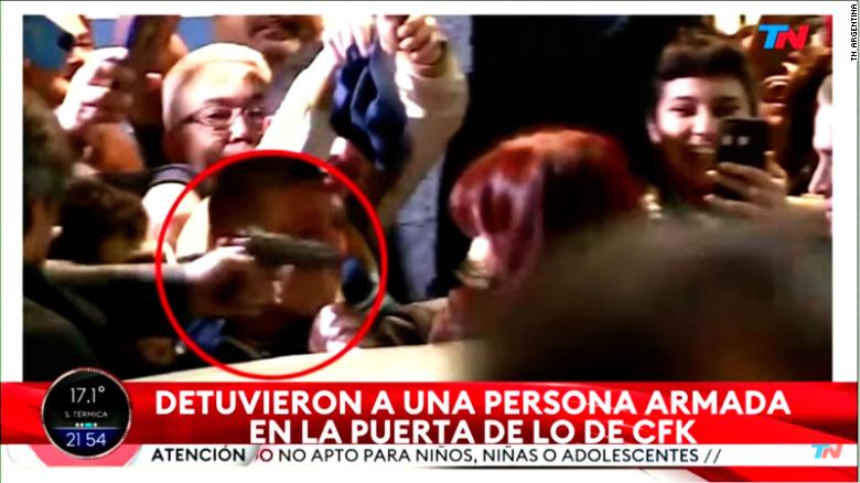 A frame from a video released by TN Argentina highlights the moment when a man pointed a weapon at Argentina Vice President Cristina Fernandez de Kirchner.