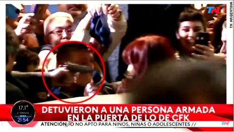 A frame from a video released by TN Argentina highlights the moment when a man pointed a weapon at Argentina Vice President Cristina Fernandez de Kirchner.