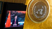 Chinese President Xi Jinping delivers a virtual address at the 76th session of the United Nations General Assembly in New York on September 21, 2021. 