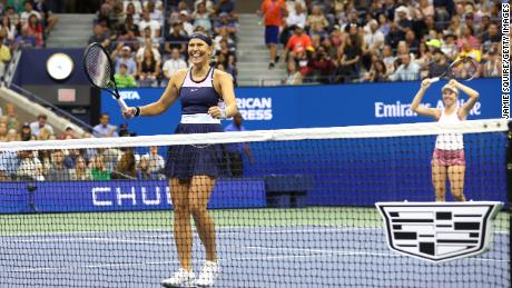 Lucie Hradecka, left, and Linda Noskova of the Czech Republic celebrate the Williams sisters' win.