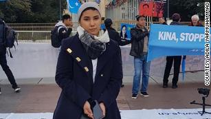 Adila Yarmuhammad attends a 2018 protest at the UN in Geneva.
