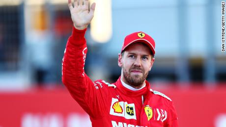 Vettel celebrating during qualifying for the United States Grand Prix at Circuit of the Americas on November 2, 2019.