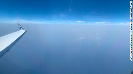The view from NOAA's Hurricane Hunter aircraft overlooking a thick layer of Saharan dust.