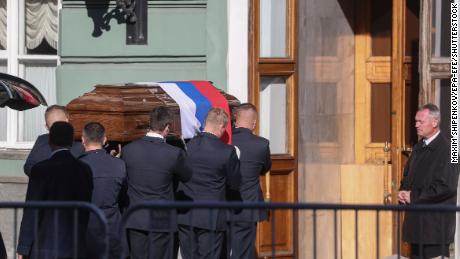 The coffin containing the body of Mikhail Gorbachev is carried in for a farewell ceremony in Moscow&#39;s Hall of Columns on Saturday.