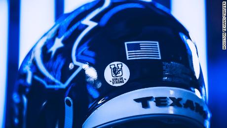 The &quot;Uvalde Strong&quot; decal appears on the Houston Texans&#39; helmets.