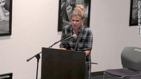 Adrienne Martin, a Granbury ISD parent and chair of the Hood County Democratic Party, from when she spoke at the school district&#39;s meeting. 