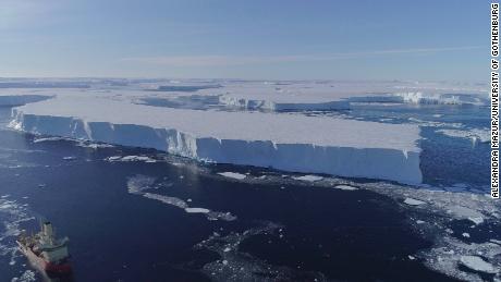 The US Antarctic Program research vessel Nathaniel B. Palmer works near the Thwaites East Ice Shelf in 2019.