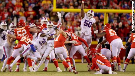 Harrison Butker kicked the Kansas City Chiefs' tying field goal against the Buffalo Bills at the end of the fourth quarter in the AFC Divisional Game at Arrowhead Stadium on January 23, sending the game into overtime.