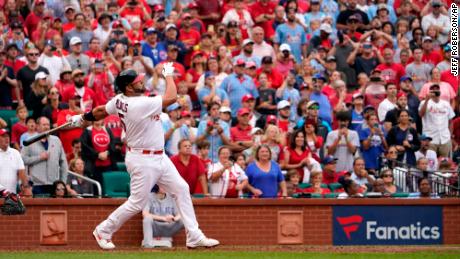 Albert Pujols watches his two-run homer at the top of the eighth inning.