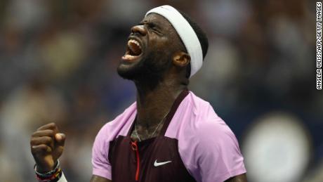 Frances Tiafoe reacts during his 2022 US Open Tennis tournament Round of 16 match against Spain&#39;s Rafael Nadal.