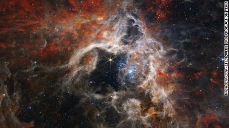 Dalam gambar mosaik yang membentang 340 tahun cahaya ini, sebuah kamera web inframerah-dekat (NIRCam) menunjukkan wilayah pembentuk bintang di Nebula Tarantula dalam cahaya baru.