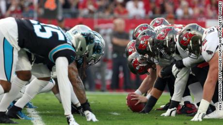 The line of scrimmage between the Tampa Bay Buccaneers and the Carolina Panthers during the first half at Raymond James Stadium on January 9.