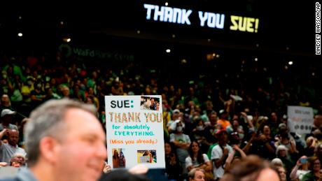 A fan holds a sign thanking Sue Bird after the Storm lost to the Las Vegas Aces in Seattle