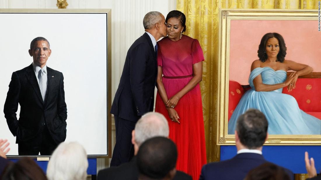 Barack and Michelle Obama make first joint return to the White House for unveiling of official portraits