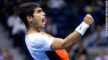 Alcaraz celebrates a point during his defeat of Sinner at the US Open. 