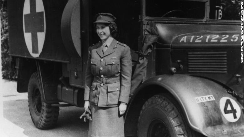 Princess Elizabeth is pictured in 1945 standing by an Auxiliary Territorial Service first aid truck wearing an officer&#39;s uniform. 