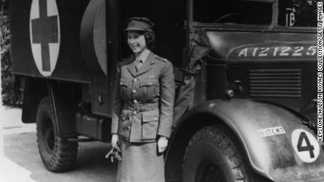 Princess Elizabeth is pictured in 1945 standing by an Auxiliary Territorial Service first aid truck wearing an officer&#39;s uniform. 