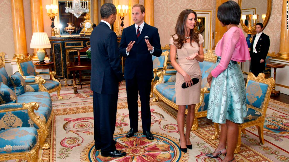 William and Catherine meet with US President Barack Obama and first lady Michelle Obama while the Obamas visited Buckingham Palace in May 2011.