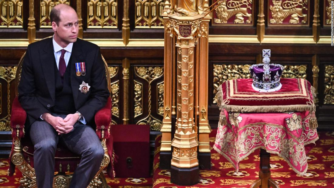 Prince William sits by the Imperial State Crown during the opening of Parliament in May 2022.