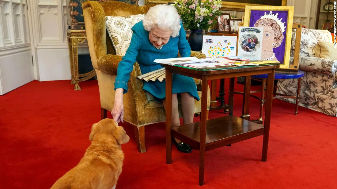 The Queen is joined by her &quot;dorgi&quot; Candy as she views jubilee memorabilia at Windsor Castle in February 2022.