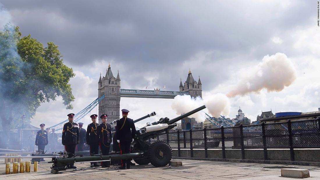 Members of the Honourable Artillery Company fire a gun salute outside the Tower of London on September 9.
