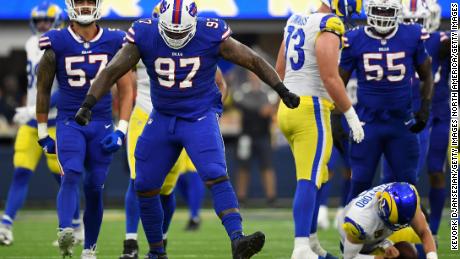 Bills defensive tackle Jordan Phillips celebrates after sacking Stafford.