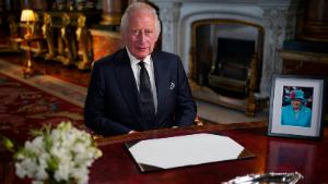 Britain&#39;s King Charles III delivers his address to the nation and the Commonwealth from Buckingham Palace, London, Friday, Sept. 9, 2022, following the death of Queen Elizabeth II on Thursday. (Yui Mok/Pool Photo via AP)