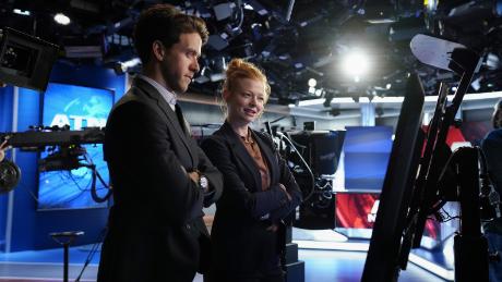 Ashley Zukerman and Sarah Snook on the set of ATN in &quot;Succession.&quot;
