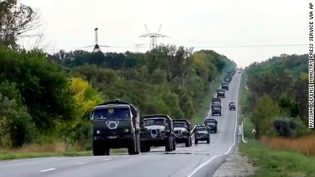 Russian military vehicles head to Kharkiv on September 9.