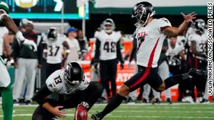 Atlanta Falcons kicker Younghoe Koo #7 looks on during pregame