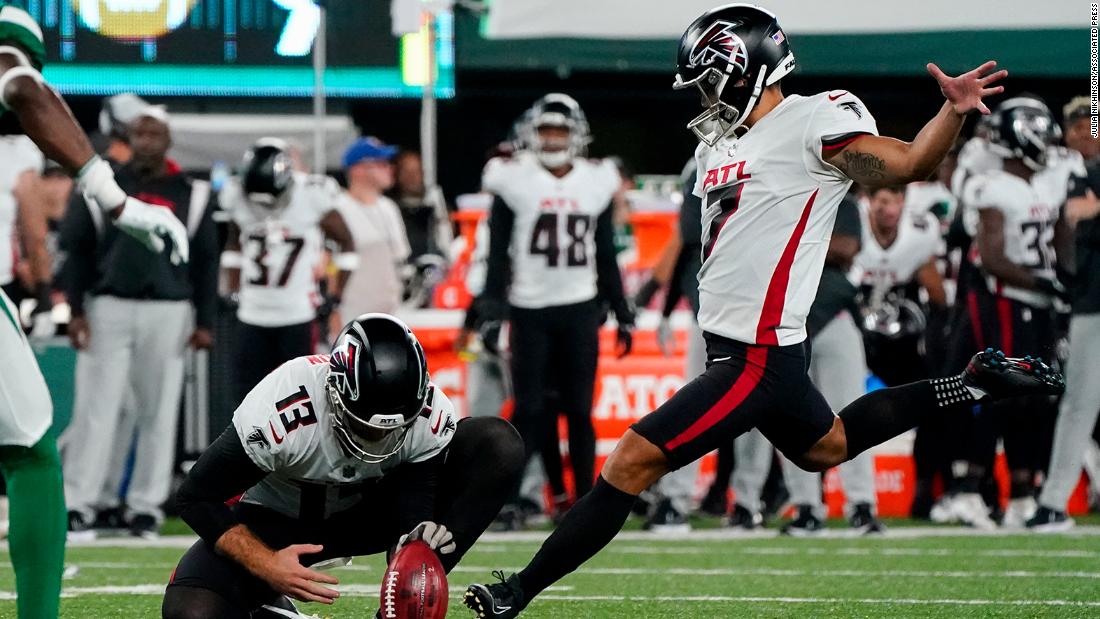 Younghoe Koo of the Atlanta Falcons celebrates after kicking a