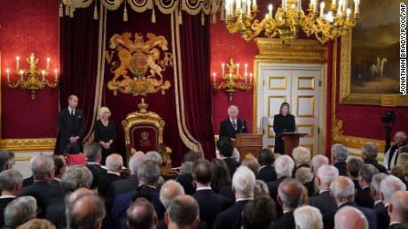 Britain&#39;s Prince William, Camilla, the Queen Consort, King Charles III and Lord President of the Council Penny Mordaunt stood before Privy Council members in the Throne Room during the Accession Council.