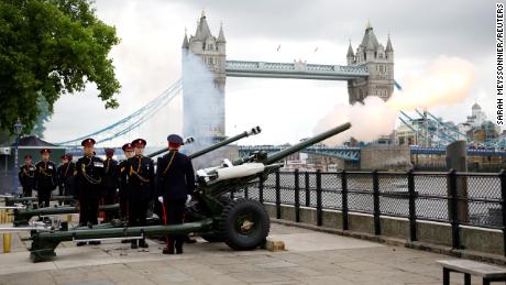 A gun salute was held Saturday for Britain's King Charles at the Tower of London after Queen Elizabeth's death.
