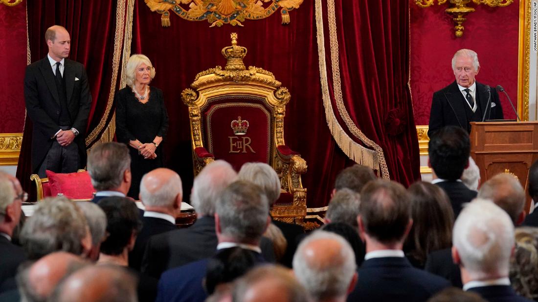 Britain's King Charles III speaks in the Throne Room at St. James's Palace during &lt;a href=&quot;https://www.cnn.com/2022/09/10/uk/king-charles-proclamation-intl/index.html&quot; target=&quot;_blank&quot;&gt;the Accession Council in London&lt;/a&gt; on Saturday, September 10. Joining him were his son Prince William and his wife Camilla, the Queen Consort. At the ceremony, the King pledged to follow his mother's &quot;inspiring example.&quot;