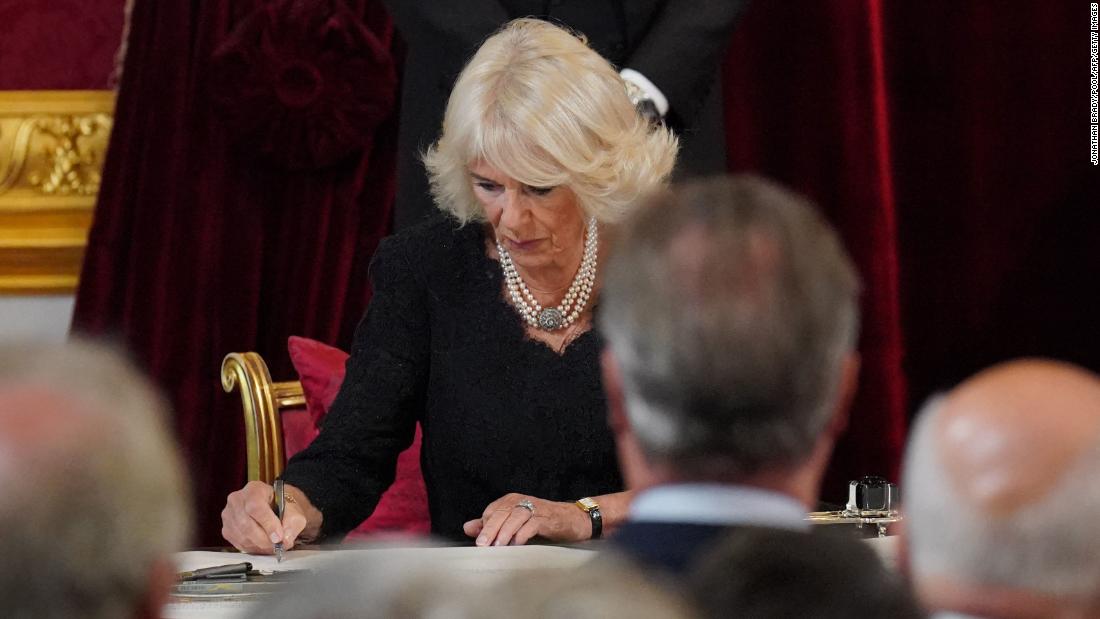 Camilla signs an oath during the meeting of the Accession Council on September 10.