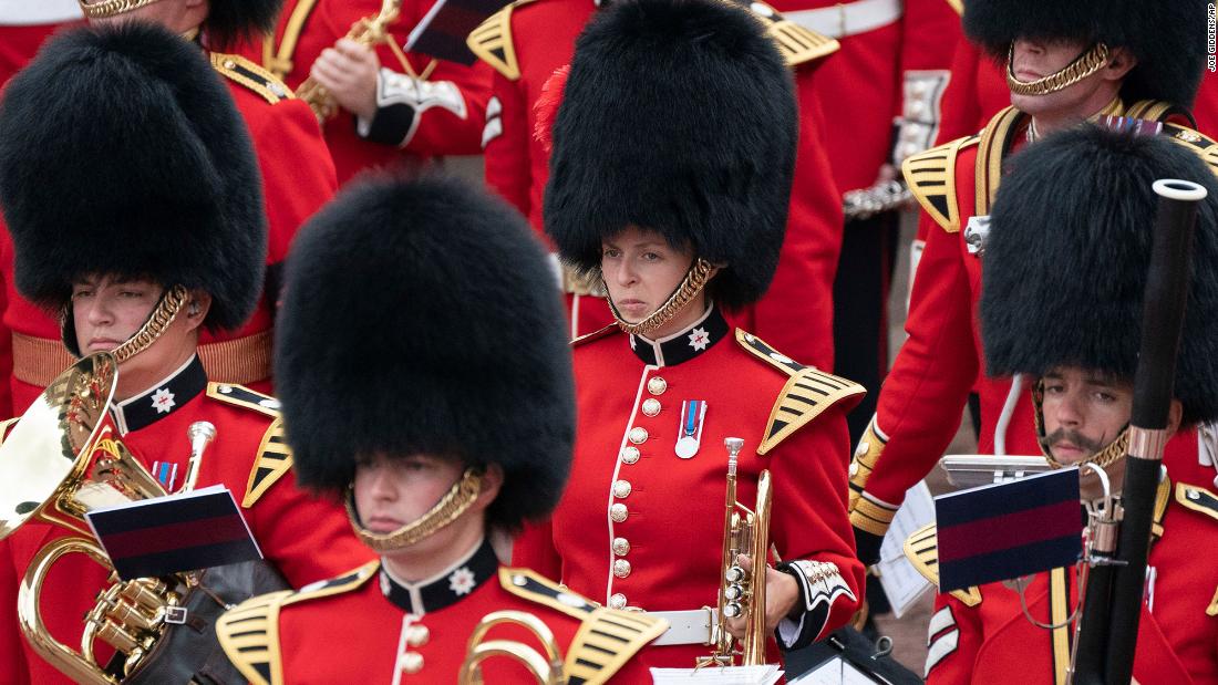 Members of the Coldstream Guards participate in a ceremony following Charles&#39; proclamation at St. James&#39;s Palace.