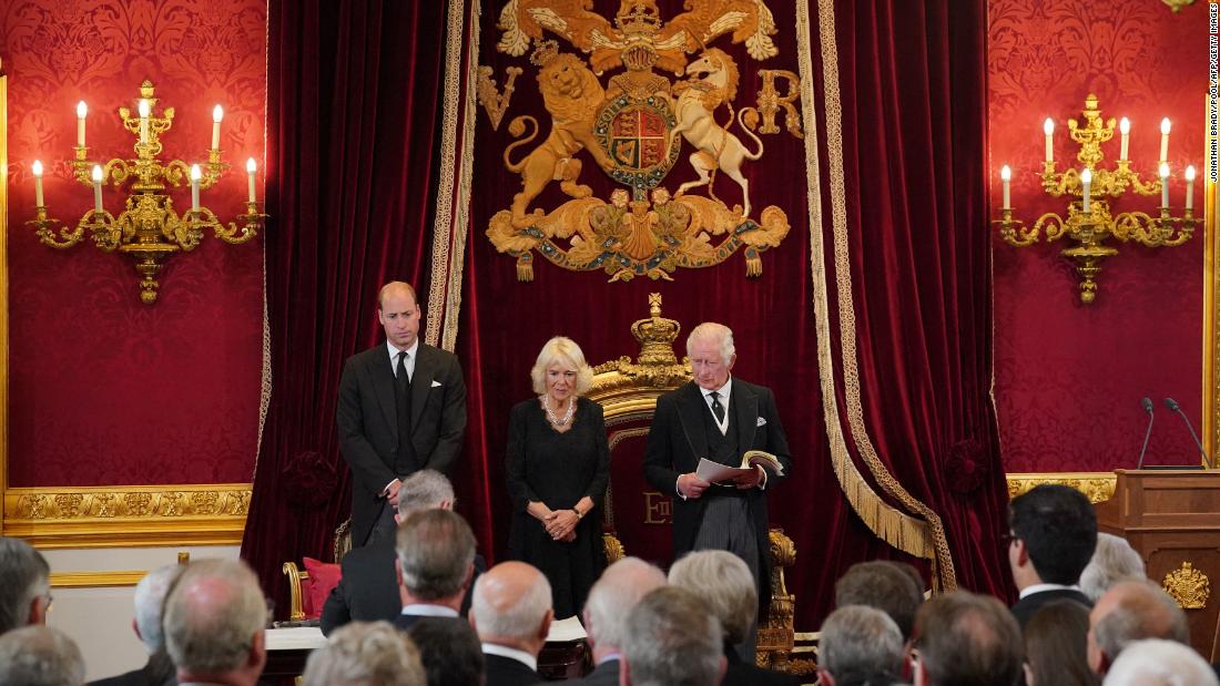 The King speaks in the Throne Room at St. James&#39;s Palace during the Accession Council in London in September 2022. With him were his son Prince William and his wife Camilla, the Queen Consort.