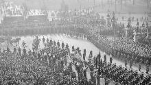 Funeral procession for the Queen's father, King George VI, at Marble Arch, London, 16 February 1952.