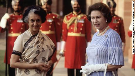 Queen Elizabeth II meets Indira Gandhi at Hyderabad House in Delhi, India, in 1983. 