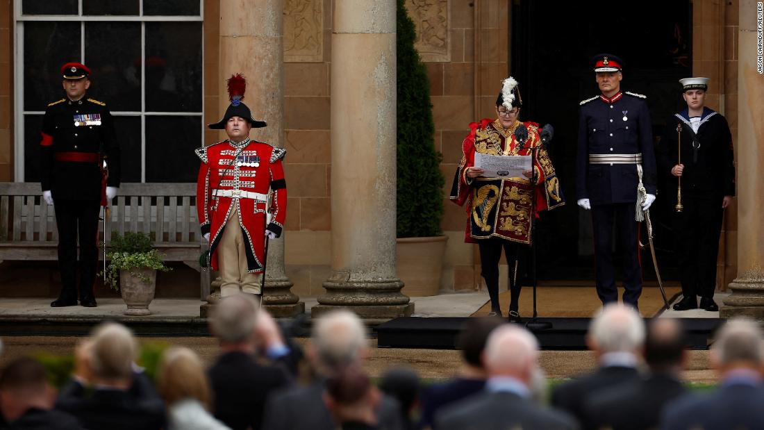 Robert Noel, the Norroy and Ulster King of Arms, reads the King&#39;s proclamation of accession during a ceremony at Hillsborough Castle in Northern Ireland.